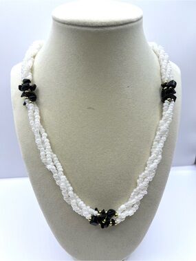 Vintage Torsade White Twisted Bead Necklace with Black & Gold Clusters